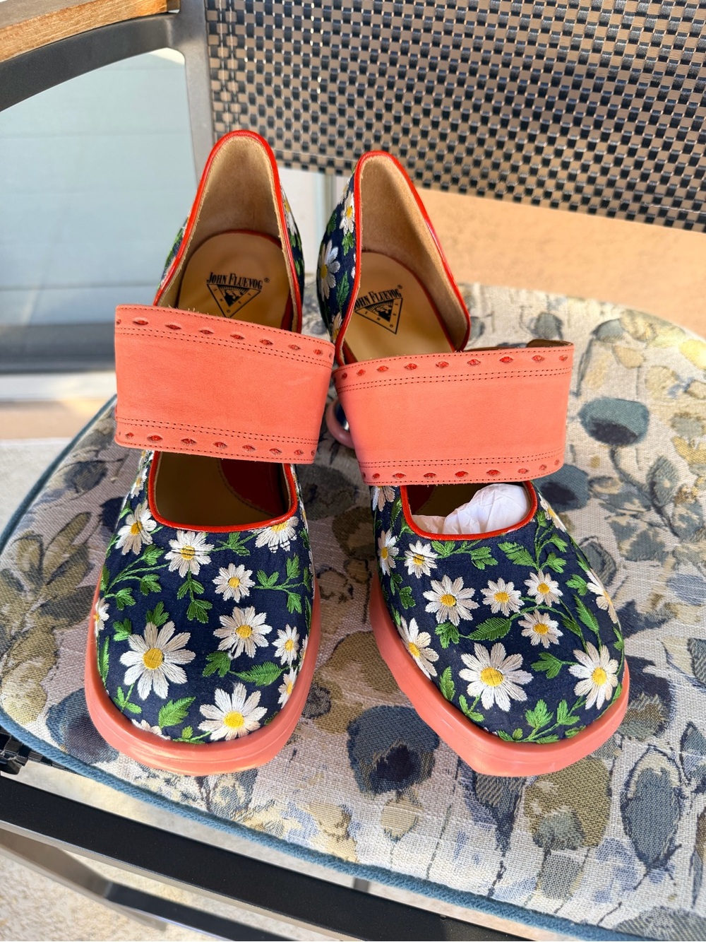 John Fluevog Navy Floral Daisy Mary Janes with Coral Strap - Picture 3 of 6
